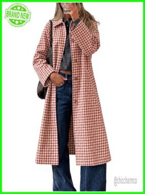Women's Plaid Trench Coat Fall Single Breasted Long Lapel Jacket